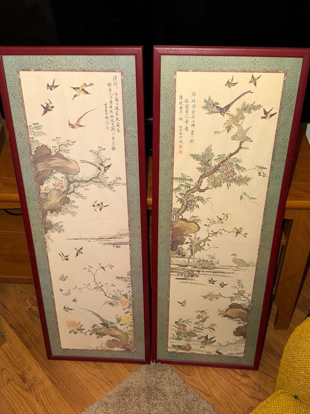 Vintage Asian Bird and Floral Silk Wall Art Panel Pair with Framed Bamboo-Style